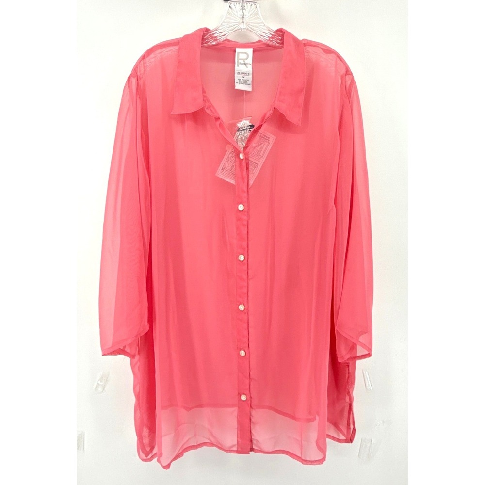 Roamans Pink Sheer Button Down Blouse 1X Coral 3/4 Sleeve Top NWT Lightweight